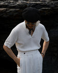 Ugentle Crochet Open Collar Cotton Knitted Polo Off White