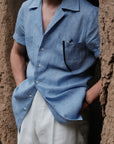 Ugentle Cuban Collar Short Sleeve Linen Shirt — Blue Gun Club Check