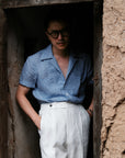 Ugentle Cuban Collar Short Sleeve Linen Shirt — Blue Gun Club Check