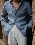 Ugentle Button Down Collar Linen Shirt — Misty Blue Check