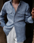 Ugentle Button Down Collar Linen Shirt — Misty Blue Check