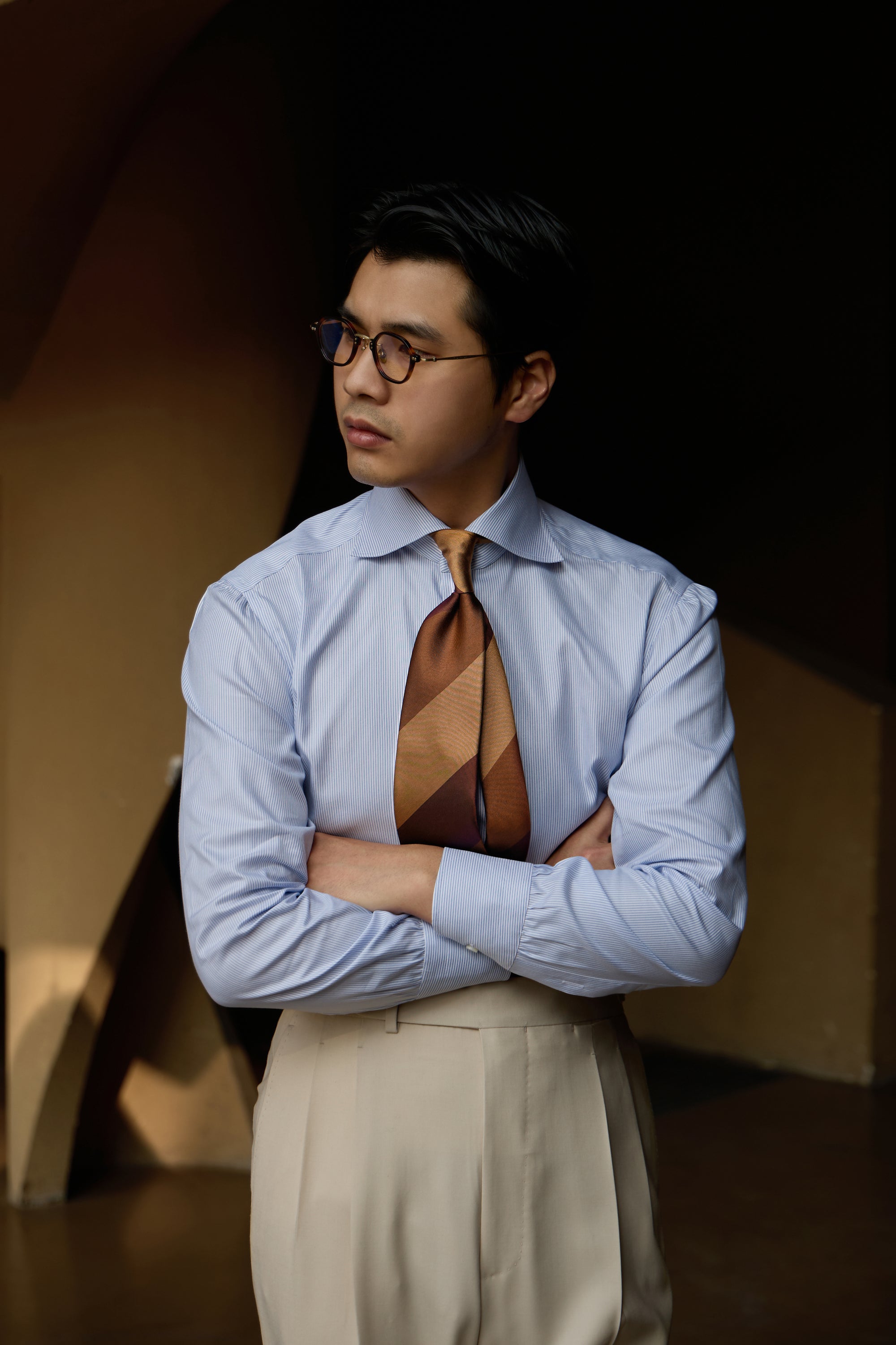 Ugentle Spread Collar Cotton/Silk Shirt — Light Blue Pencil Stripe