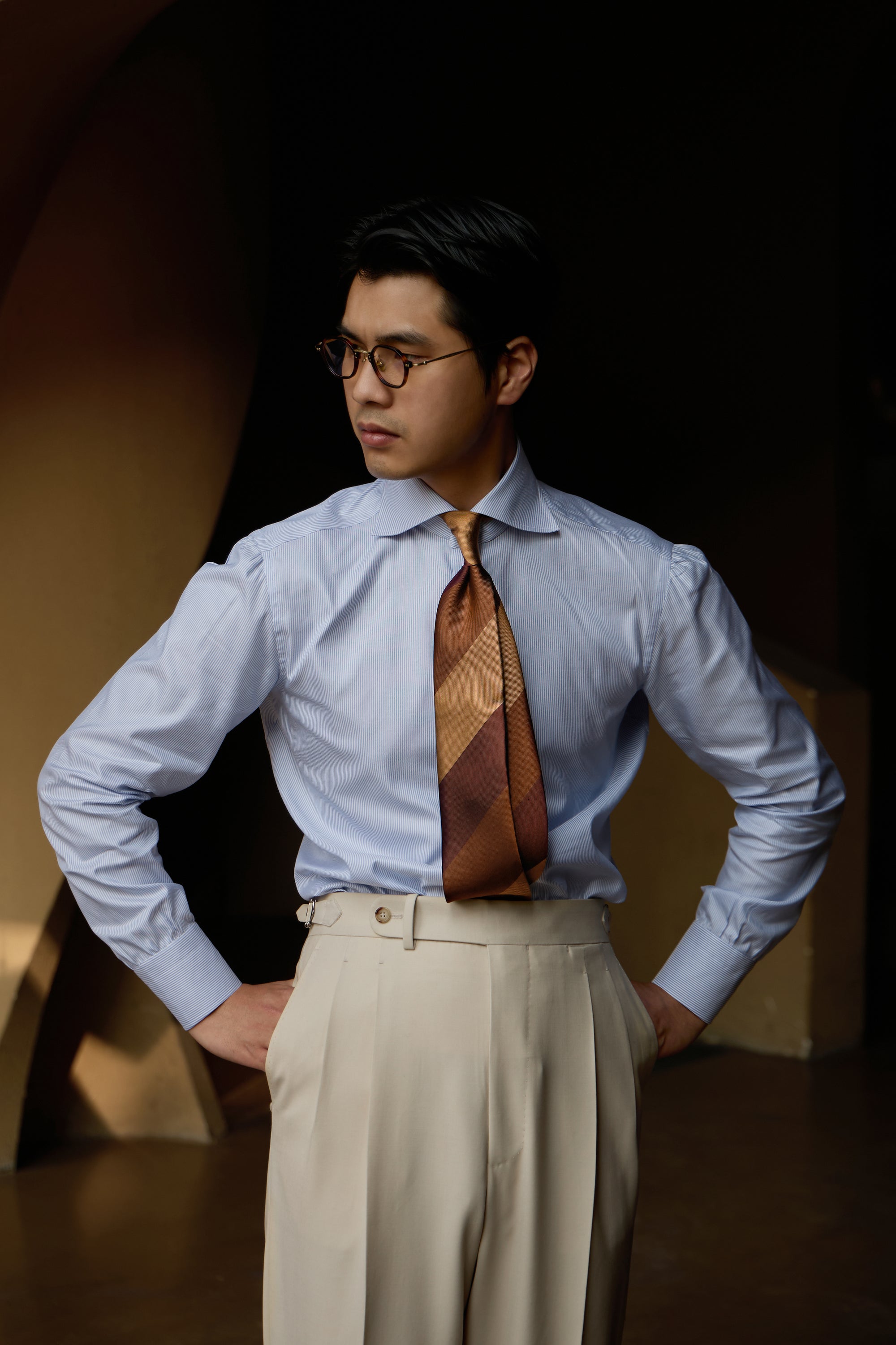 Ugentle Spread Collar Cotton/Silk Shirt — Light Blue Pencil Stripe