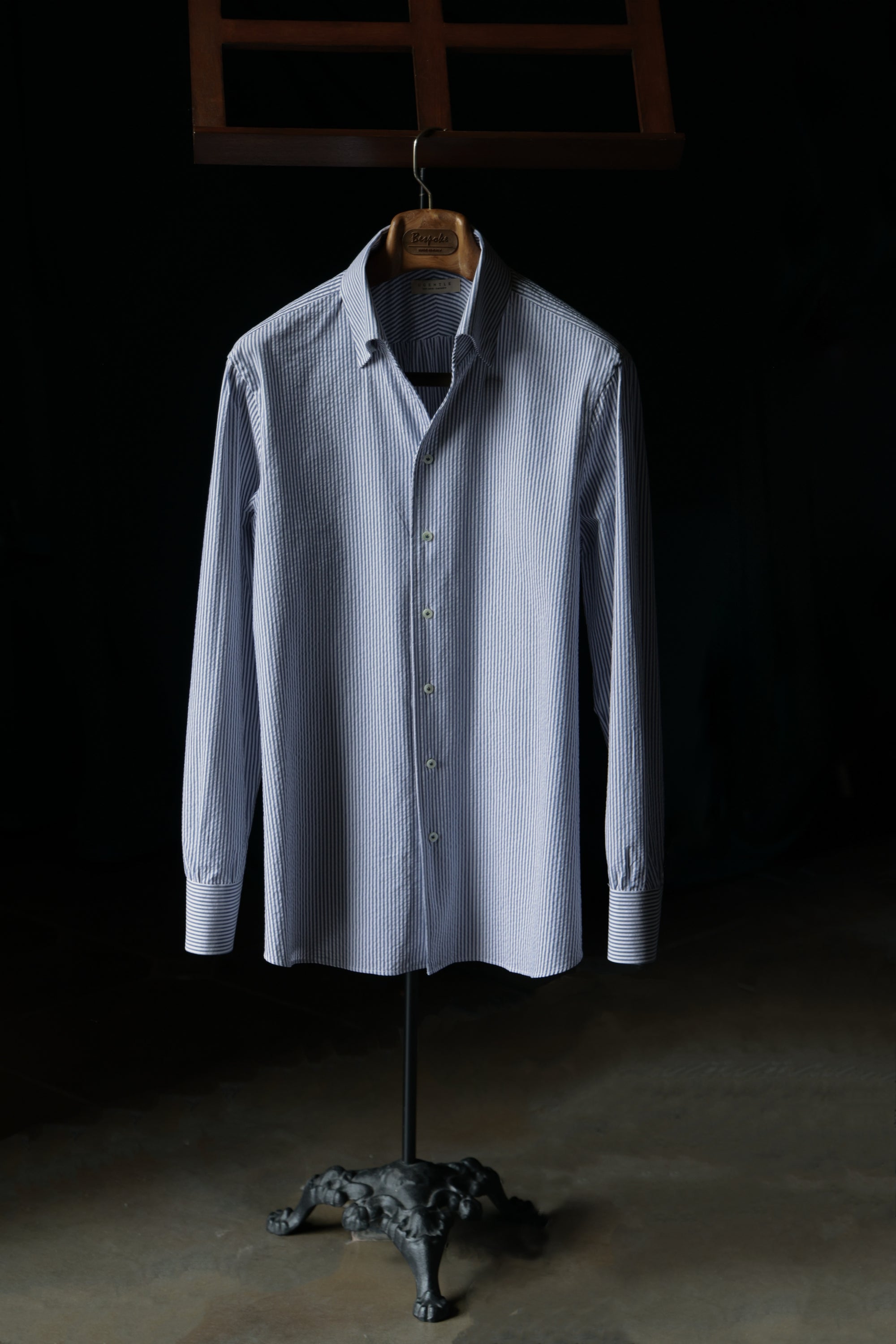 Ugentle One-piece Collar Shirt — Blue Pencil Stripe Seersucker