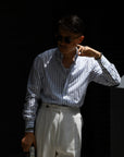 Ugentle Button down Collar Linen-Cotton — Light Grey Stripe