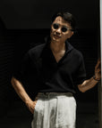 Ugentle Crochet Open Collar Cotton Knitted Polo Black