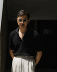 Ugentle Crochet Open Collar Cotton Knitted Polo Black