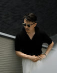 Ugentle Crochet Open Collar Cotton Knitted Polo Black