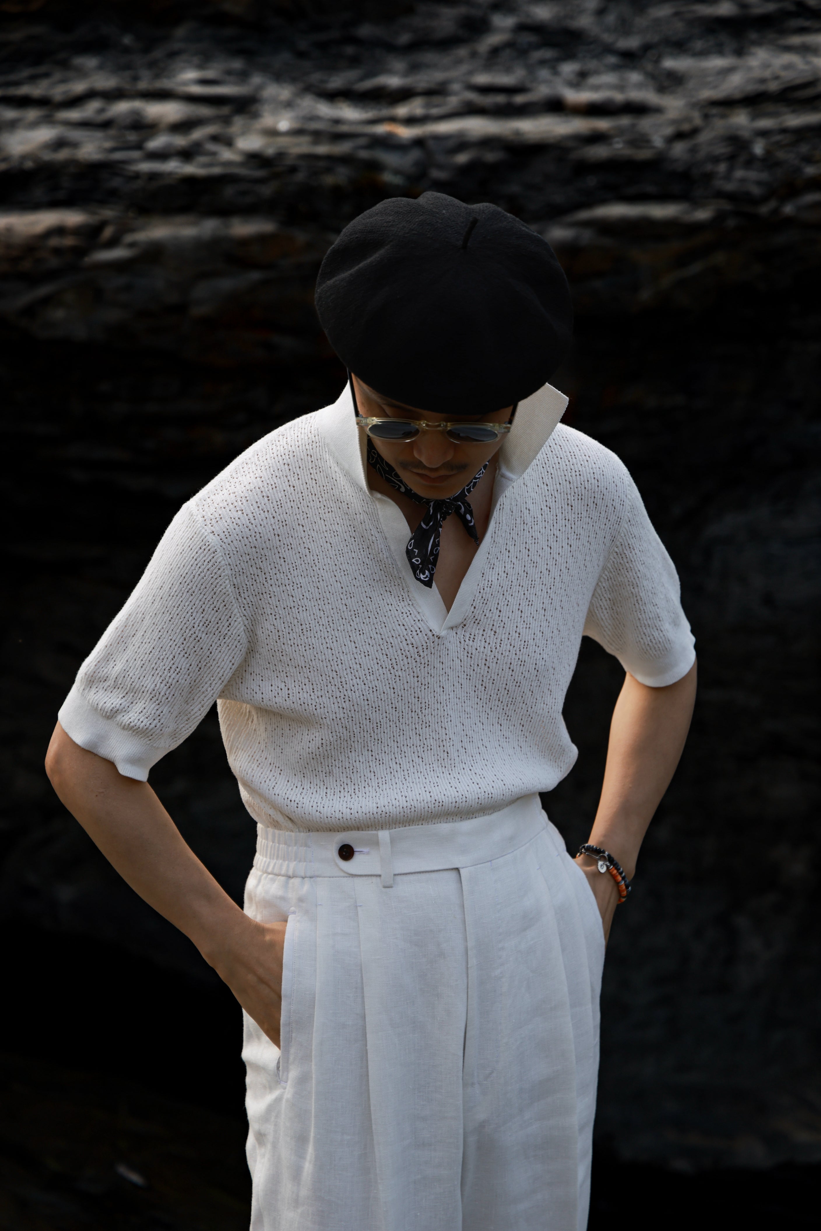 Ugentle Crochet Open Collar Cotton Knitted Polo Off White – Yearn