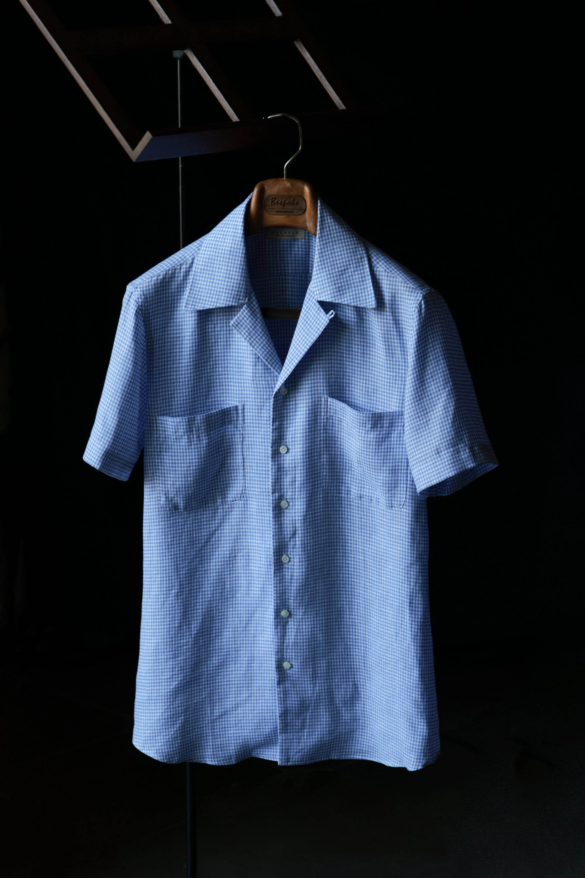Ugentle Cuban Collar Short Sleeve Linen Shirt — Blue Gun Club Check
