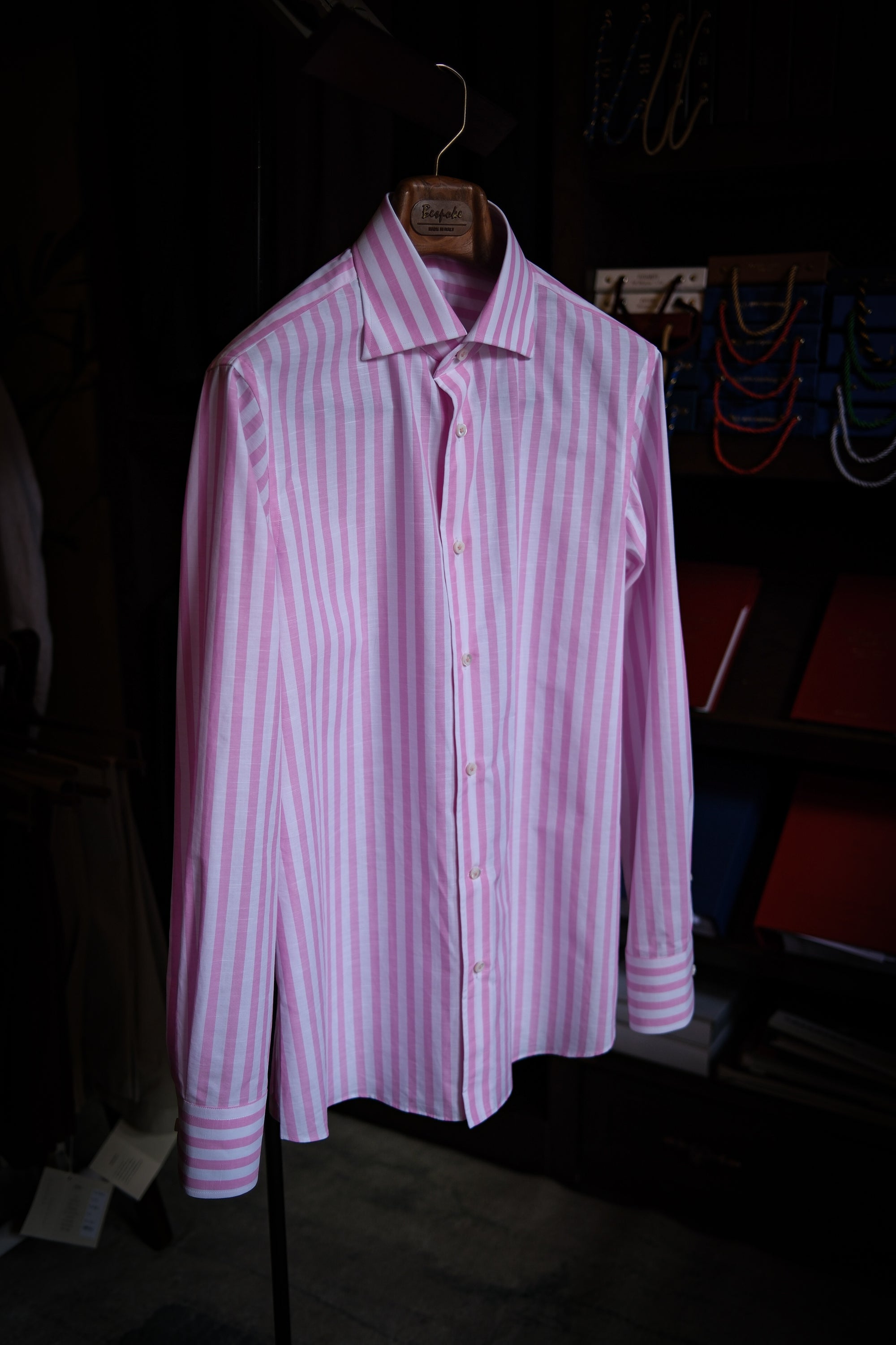 Ugentle Spread Collar Shirt — Pink wide stripe