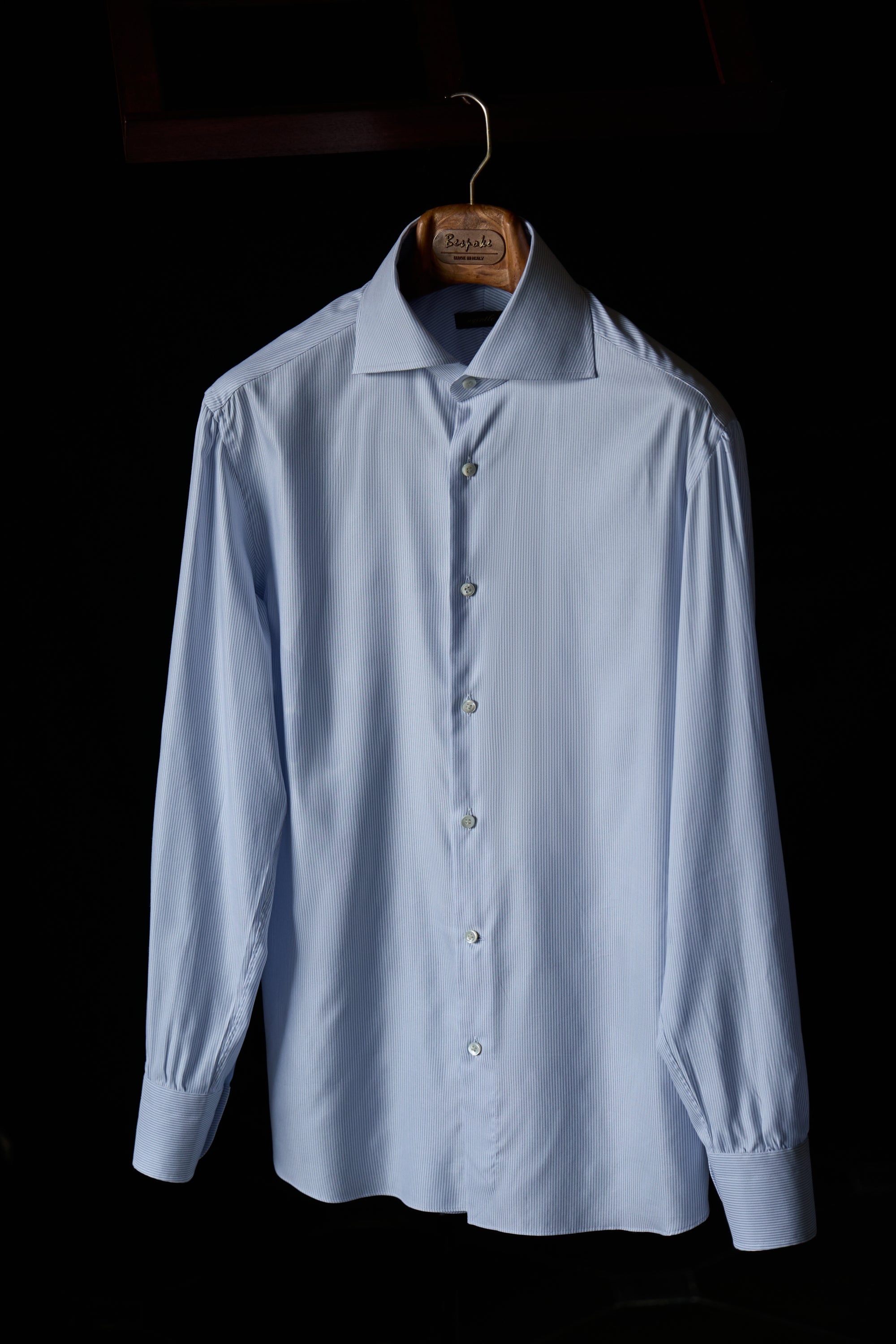 Ugentle Spread Collar Cotton/Silk Shirt — Light Blue Pencil Stripe