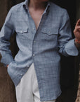 Ugentle Button Down Collar Linen Shirt — Misty Blue Check